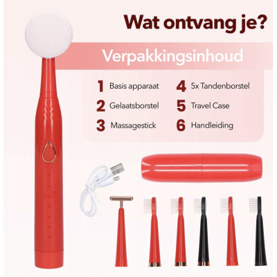 Szczoteczka soniczna do oczyszczania twarzy mycia zębów zestaw 3w1 czerwona Beauty Rytmz